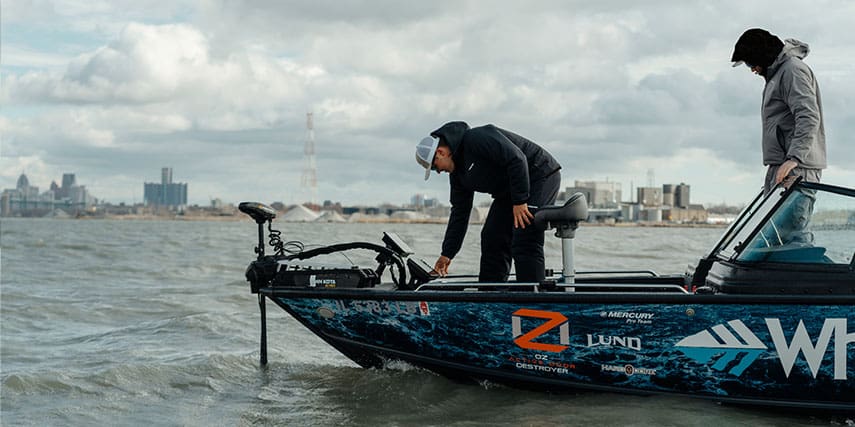 Matt utilizing forward facing sonar while Walleye Fishing